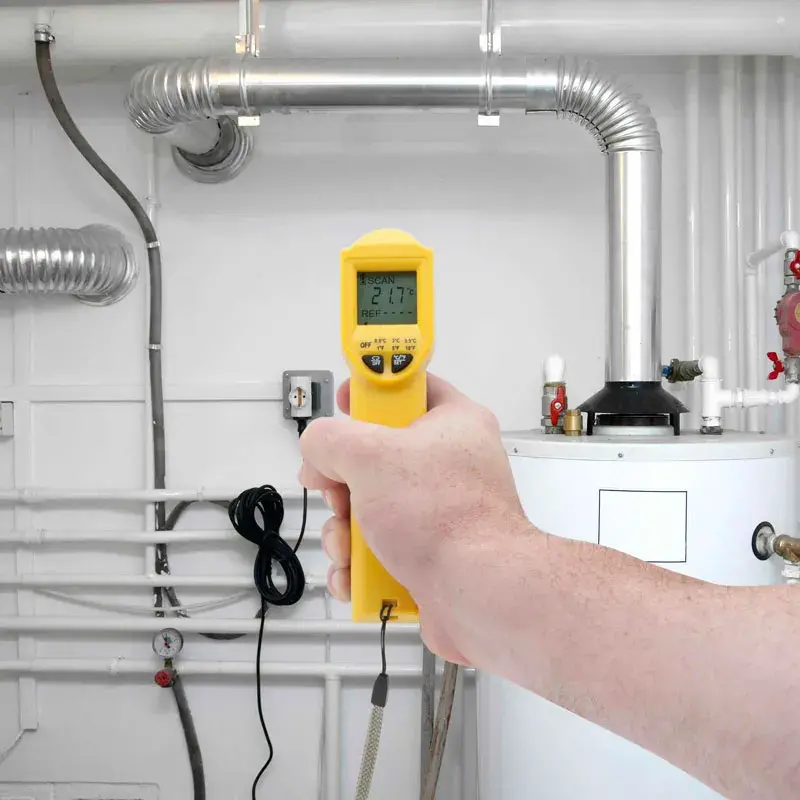 Foto des digitalen Thermometers STANLEY STHT0-77365 in der Hand, misst Temperatur nahe Industrierohrleitungen.
