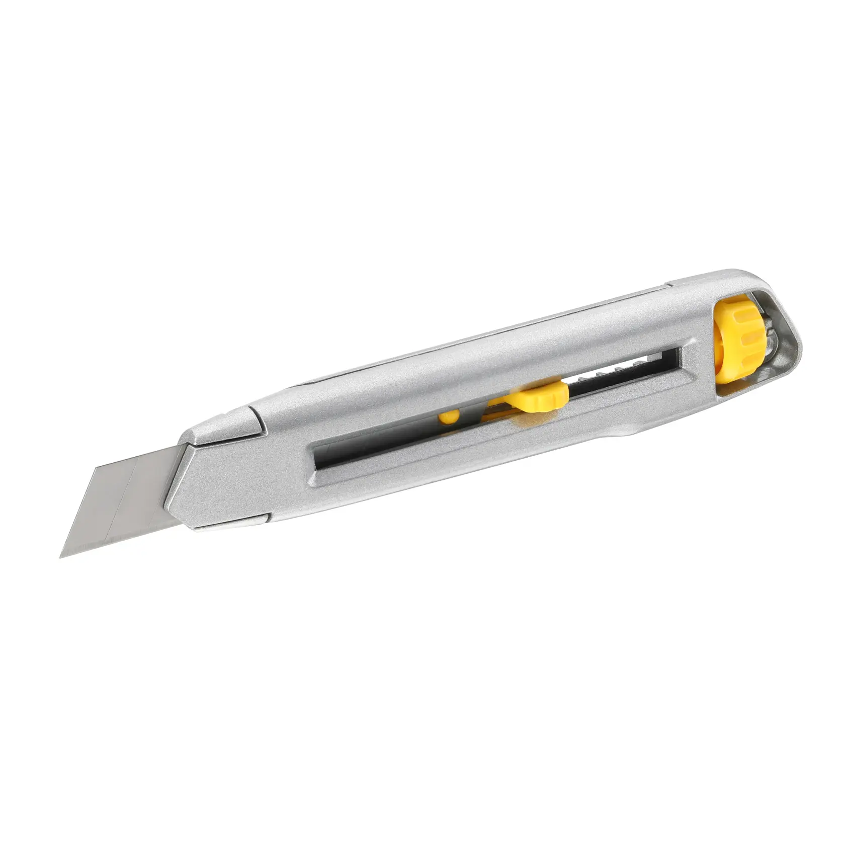 STANLEY 0-10-018 Universalmesser mit silbernem Gehäuse und gelbem Schieber, Seitenansicht, weißer Hintergrund.