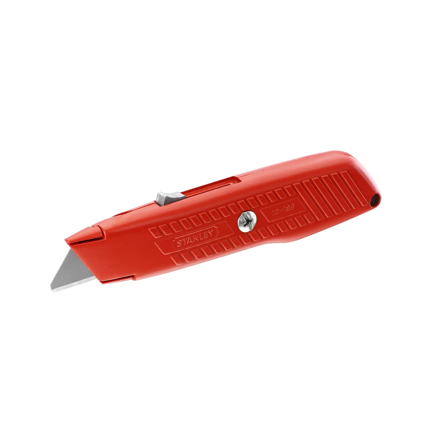 STANLEY 0-10-189 rotes Universalmesser, Seitenansicht, mit einziehbarer Klinge und strukturiertem Griff.