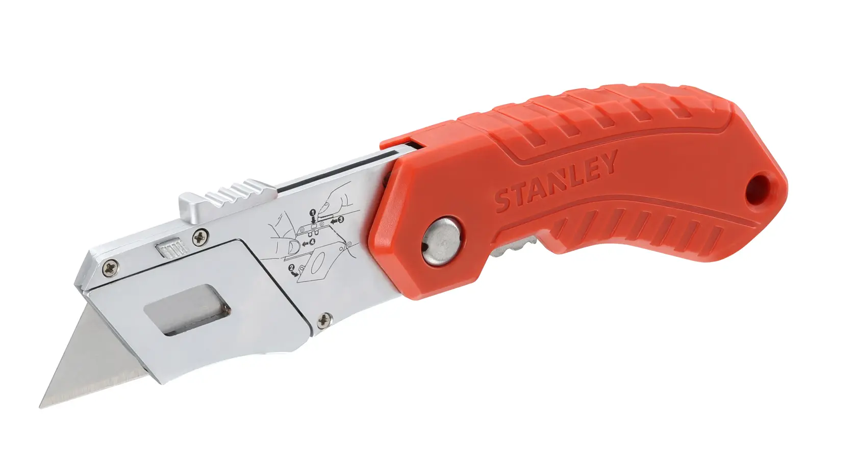 STANLEY 0-10-243 Klappmesser mit ergonomischem orangefarbenem Griff und silberner Klinge, linke Seitenansicht, auf weißem Hintergrund.