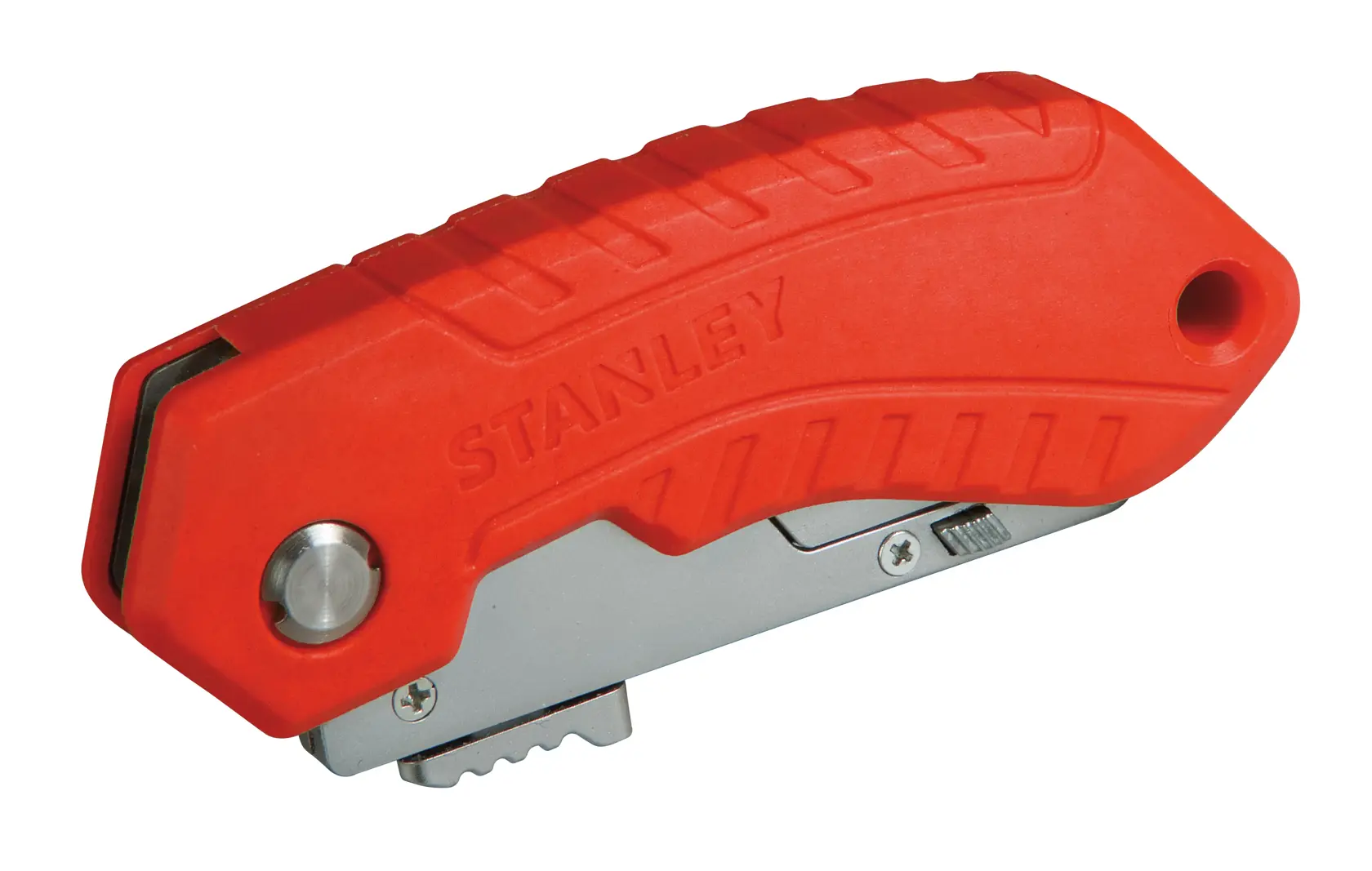 STANLEY 0-10-243 Klapp-Universalmesser mit rotem, strukturiertem Griff, Seitenansicht, Fotografie.