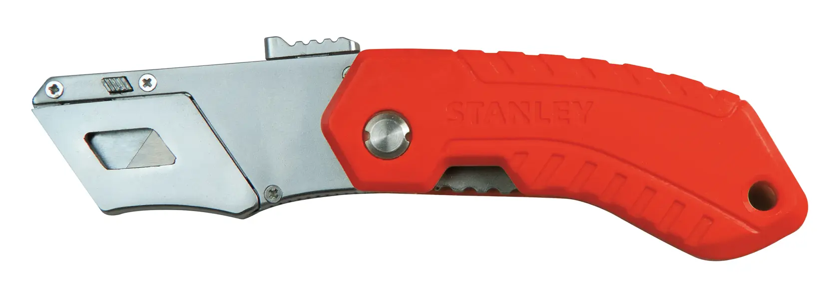 STANLEY 0-10-243 klappbares Universalmesser mit rotem ergonomischem Griff, Seitenansicht auf weißem Hintergrund.