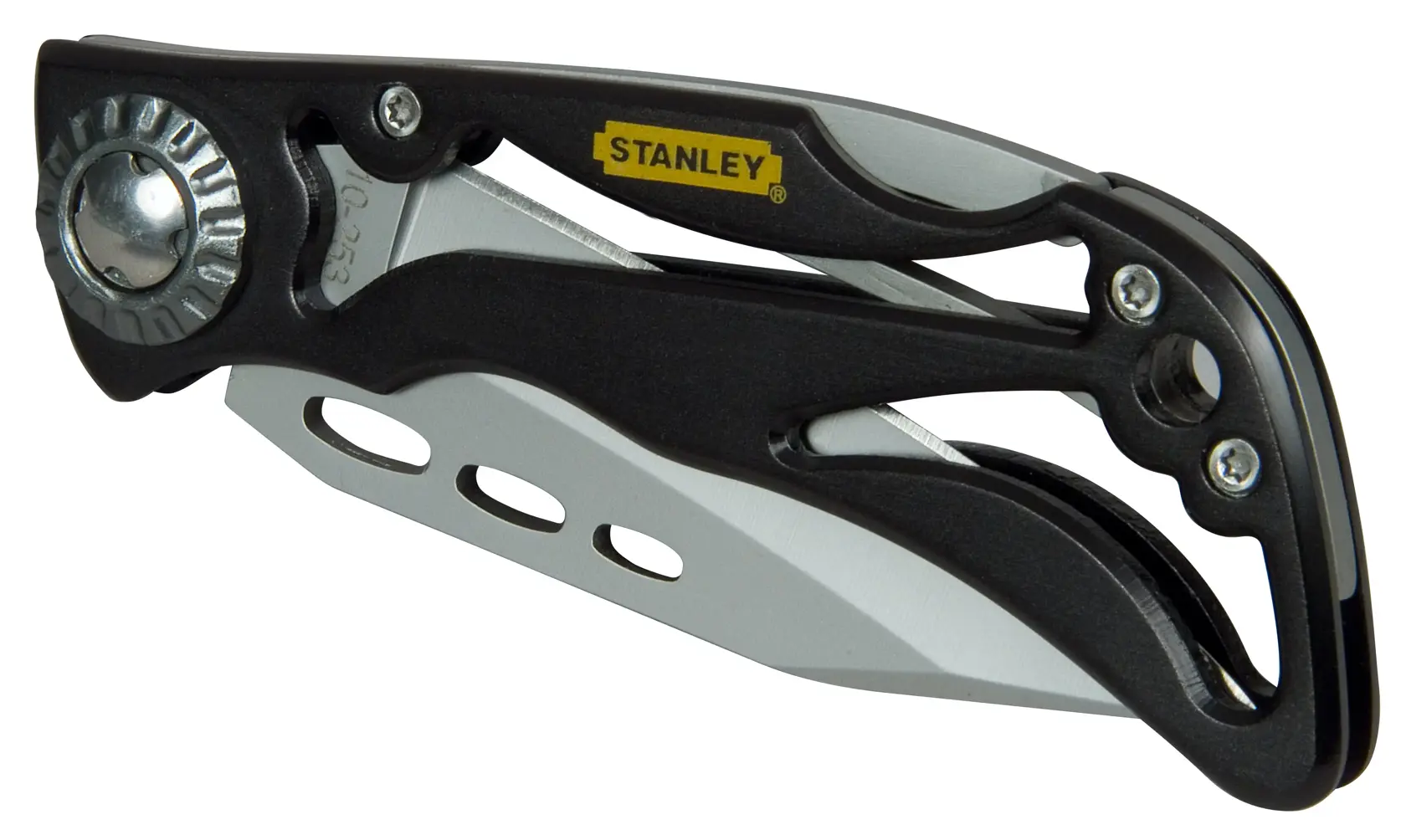 Foto vom STANLEY 0-10-253 Klappmesser mit schwarzem und silbernem Griff, geschlossen, auf weißem Hintergrund.