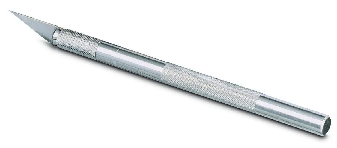 STANLEY 0-10-401 Präzisionsmesser, silberner Metallgriff, Seitenansicht, Fotografie auf weißem Hintergrund.