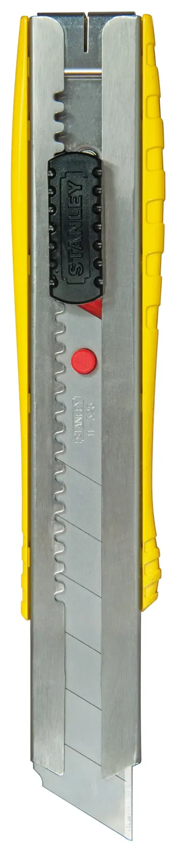 STANLEY 0-10-431 snap-off utility knife, yellow and silver, front angle on white background.