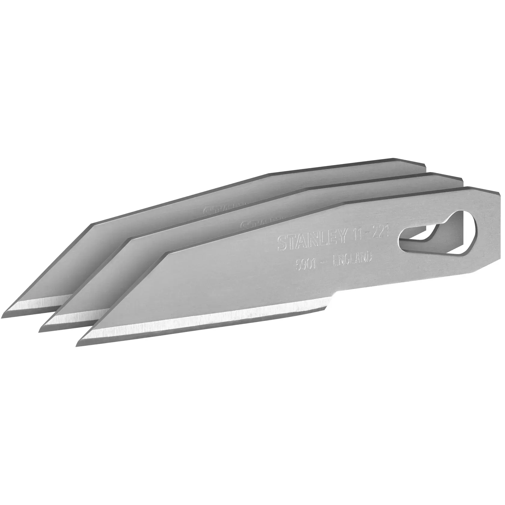 STANLEY 0-11-221 Universalmesser Klingen, Dreierpack, silber, gerade Schneide, Fotografie, Seitenansicht, weißer Hintergrund.