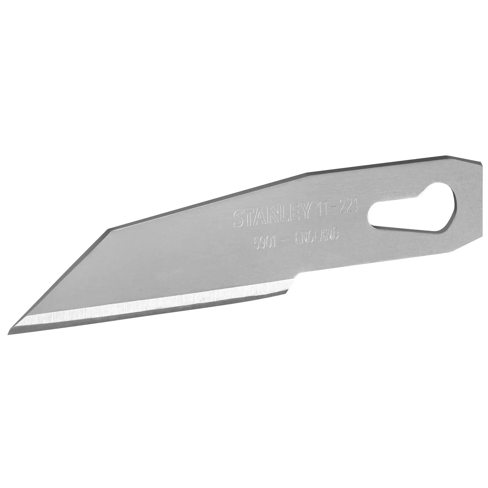 STANLEY 0-11-221 Ersatzklinge für Cutter, silber, abgeschrägte Schneide, Produktfoto vor weißem Hintergrund.