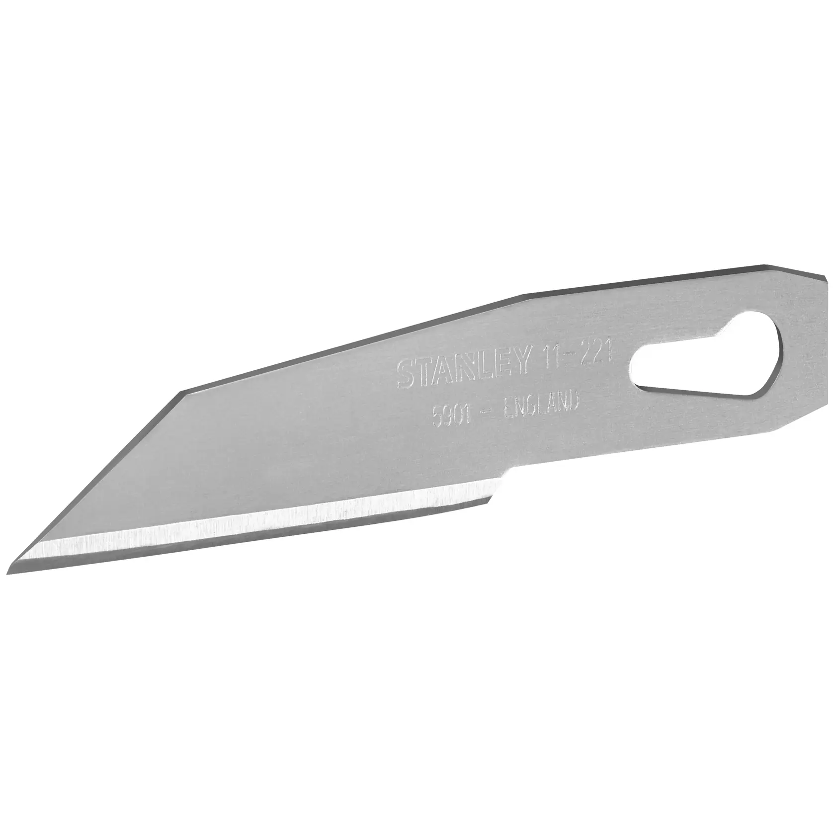 STANLEY 0-11-221 silbernes Ersatzmesser für Universalmesser, gerade Kante, Nahaufnahme auf weißem Hintergrund.