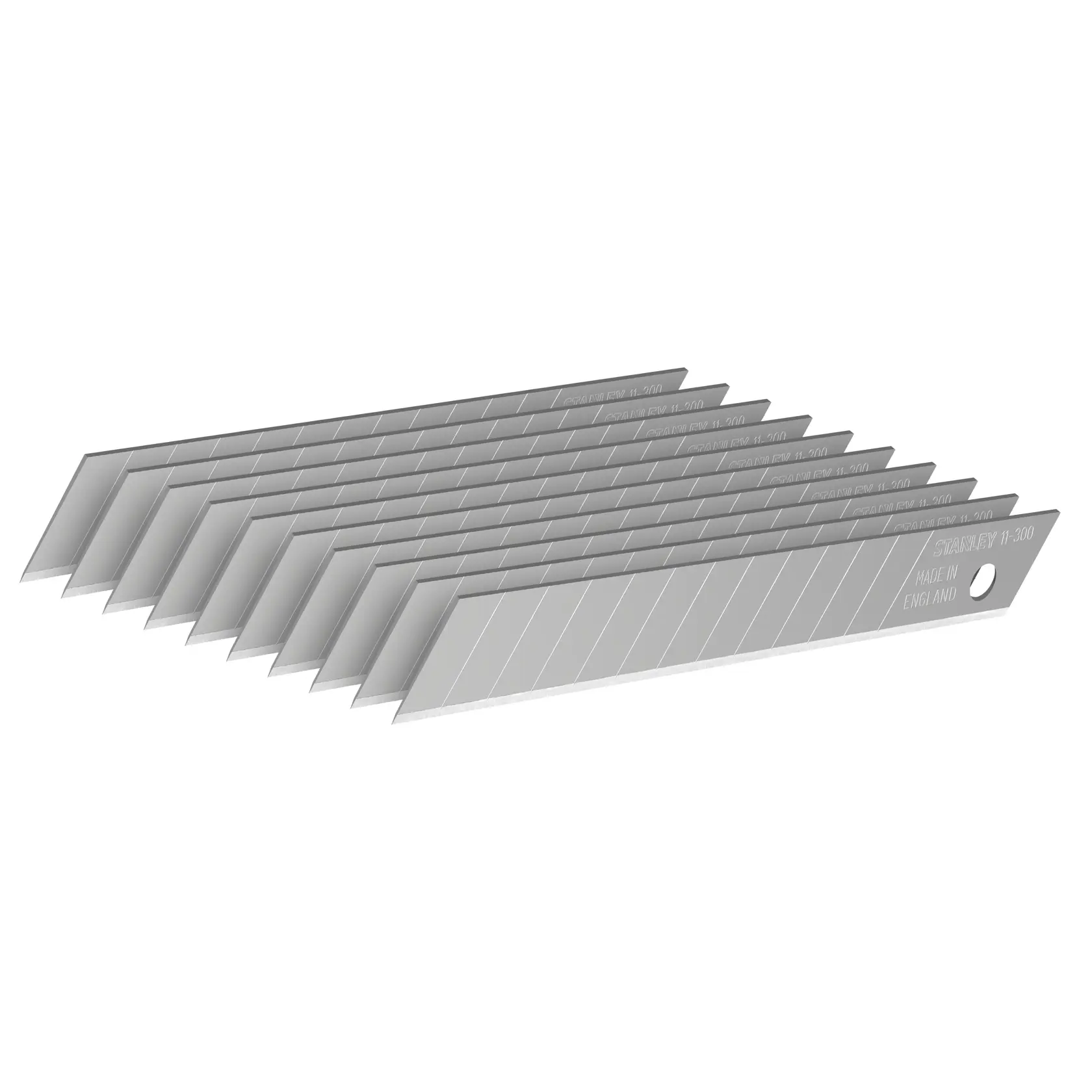 STANLEY 0-11-300 Abbrechklingen-Pack, silberfarben, Seitenansicht auf weißem Hintergrund.
