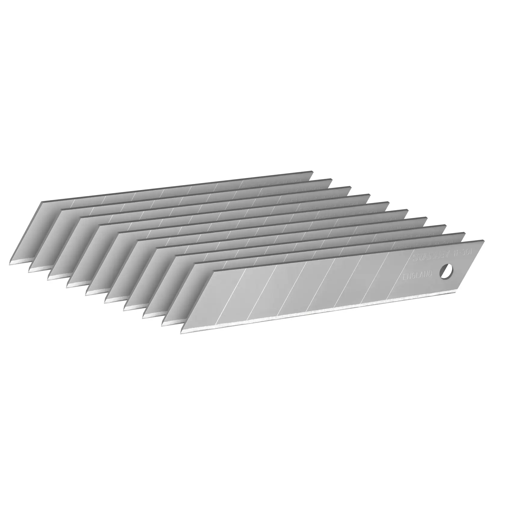 STANLEY 0-11-301 Abbrechklingen, silberfarben, Zehnerpack, schräge Ansicht auf weißem Hintergrund.