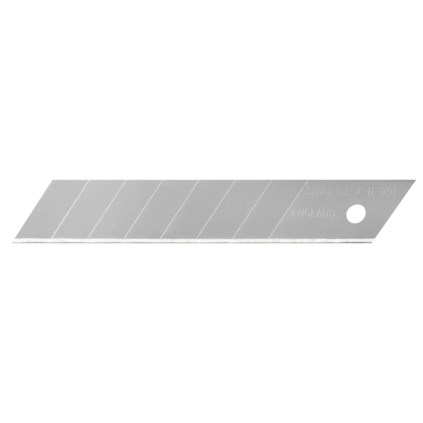 STANLEY 0-11-301 Abbrechklinge für Messer, silber, gerade Ansicht, segmentierte Schneidkanten.