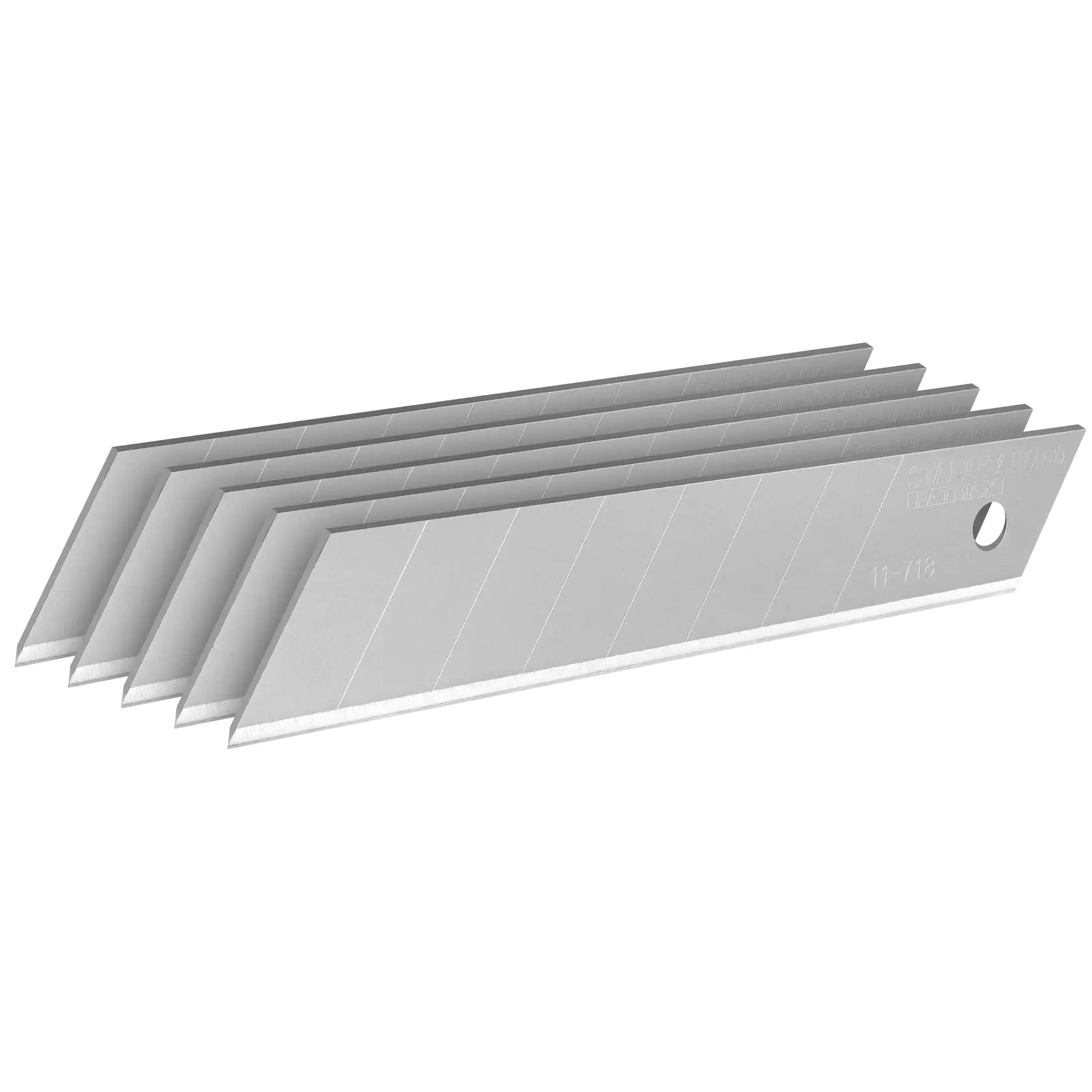 STANLEY 0-11-718 Abbrechklingen, silber, 5er-Pack, Seitenansicht auf weißem Hintergrund.