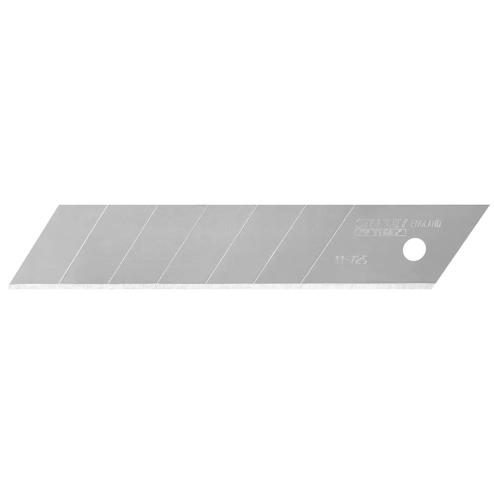 Replacement segmented snap-off blade for utility knives. Silver, rectangular with a hole near the end.