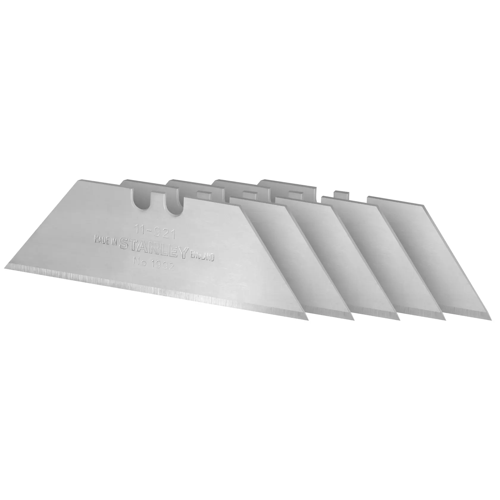 Fünf STANLEY Universalmesser-Klingen in einer Reihe auf weißem Hintergrund.