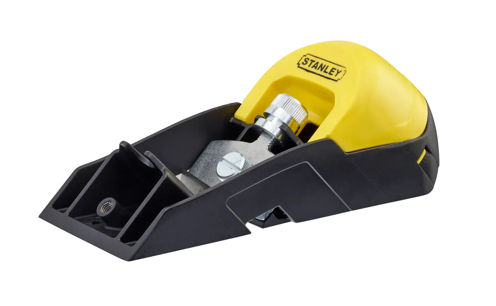 STANLEY 0-12-105 Handhobel mit gelbem und schwarzem Griff, Seitenansicht auf weißem Hintergrund.