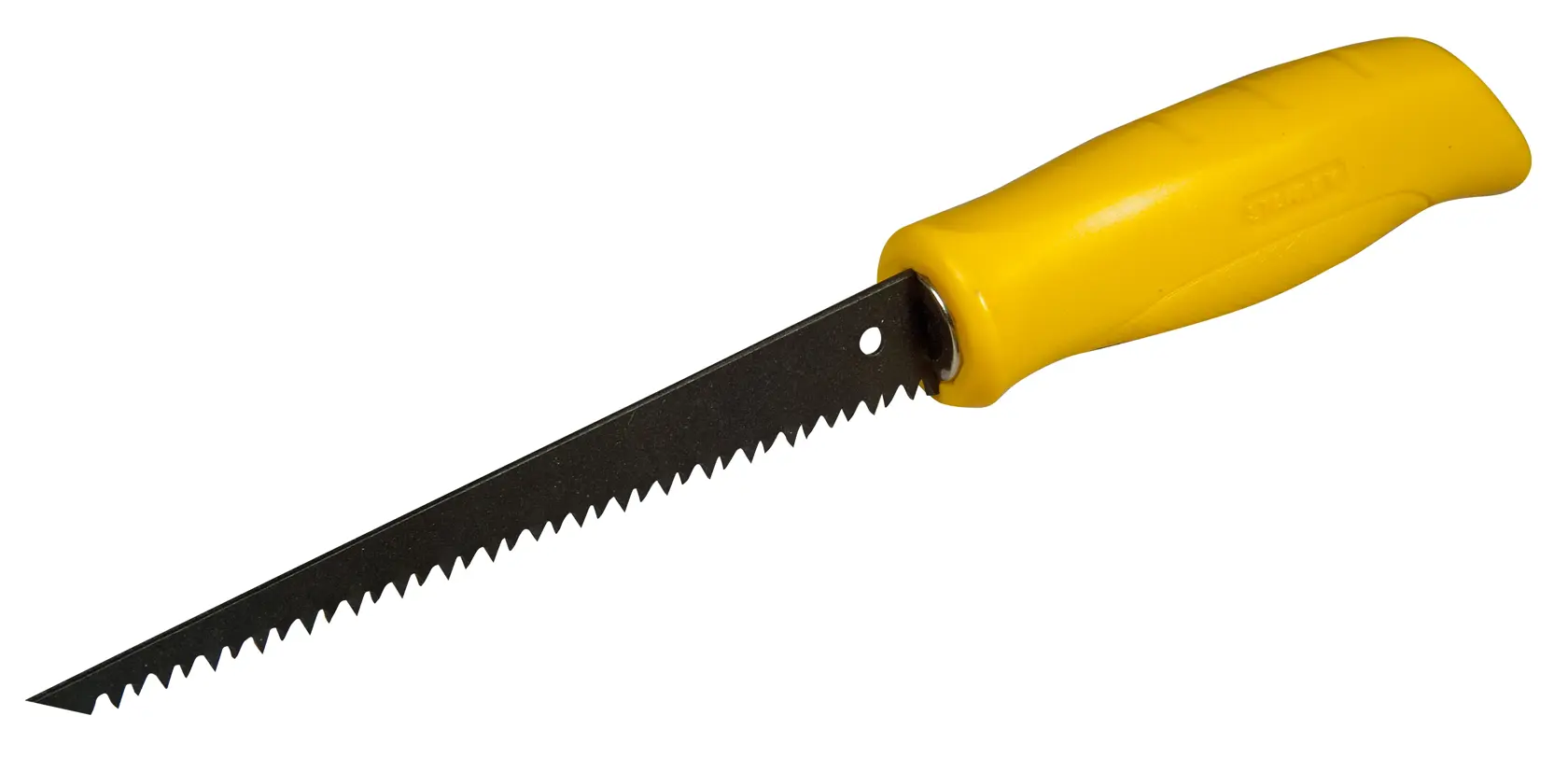 Foto der STANLEY 0-15-556 Stichsäge mit schwarzem Sägeblatt und ergonomischem gelbem Griff, Seitenansicht auf weißem Hintergrund.