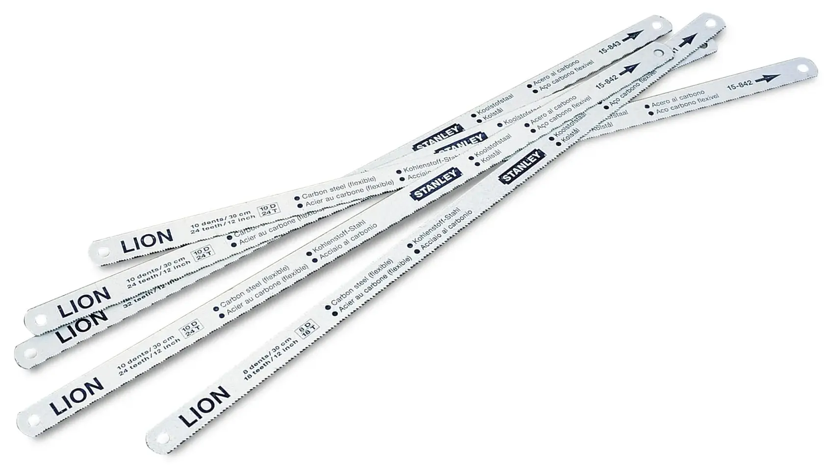 STANLEY 0-15-801 Set aus fünf weißen Metallsägeblättern, gerade Ansicht, mit aufgedruckten Spezifikationen und schwarzem Logo.