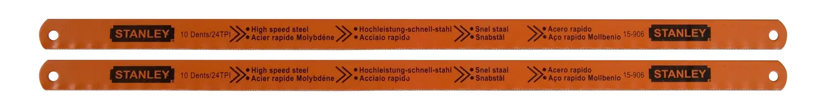 STANLEY 0-15-906 Sägeblätter, orange Hochleistungsstahl, Zweierpack, Produktfoto, flacher Winkel.