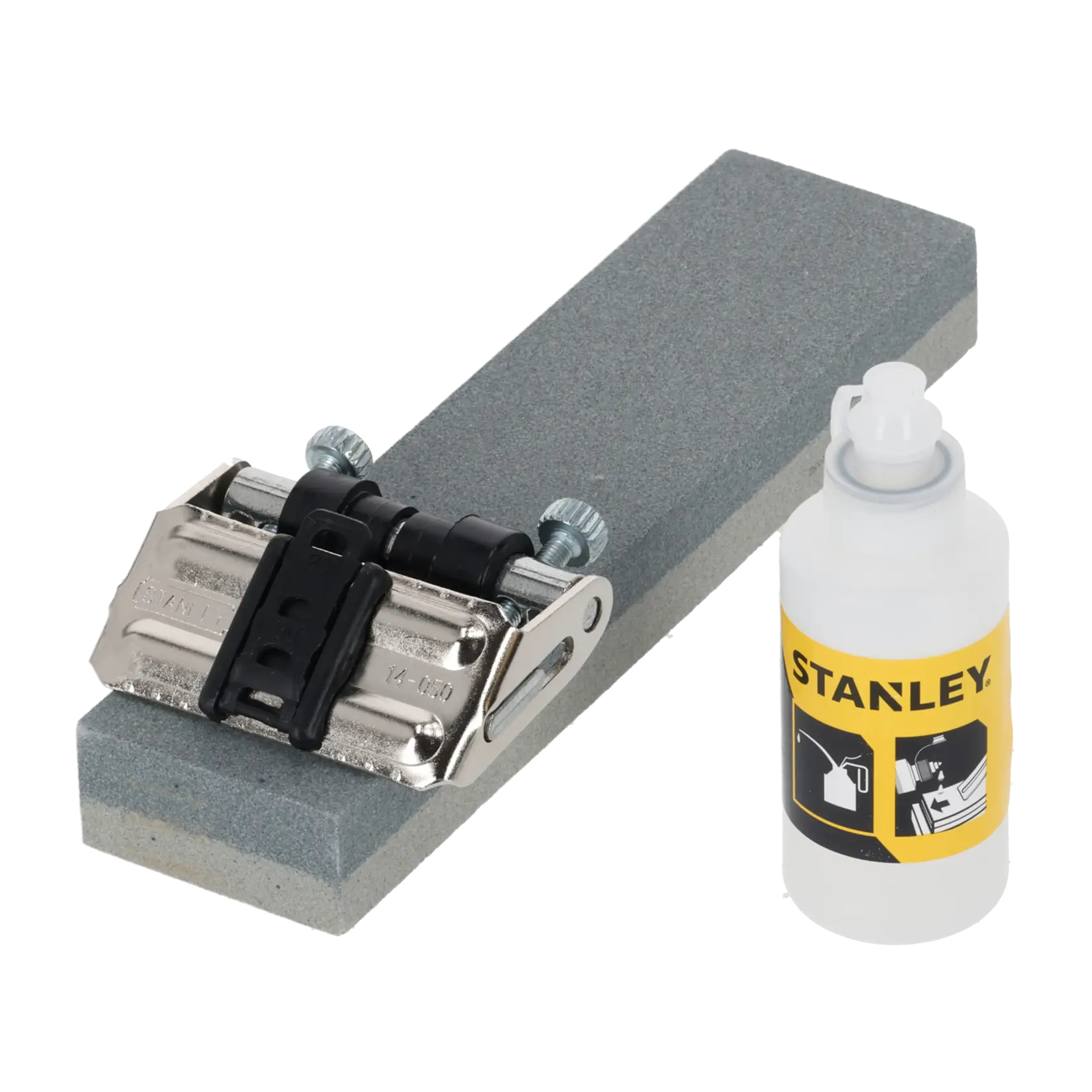 STANLEY 0-16-050 Schärfset mit Schleifhilfe, grauem Schleifstein und Ölflasche, Vorderansicht.