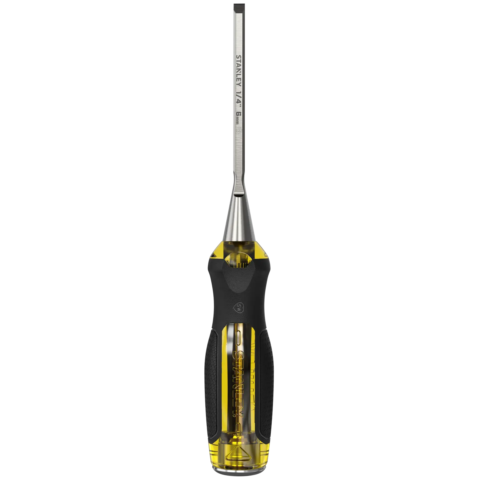 Foto des STANLEY 0-16-251 Meißels mit gelb-schwarzem ergonomischem Griff, Seitenansicht, auf weißem Hintergrund.