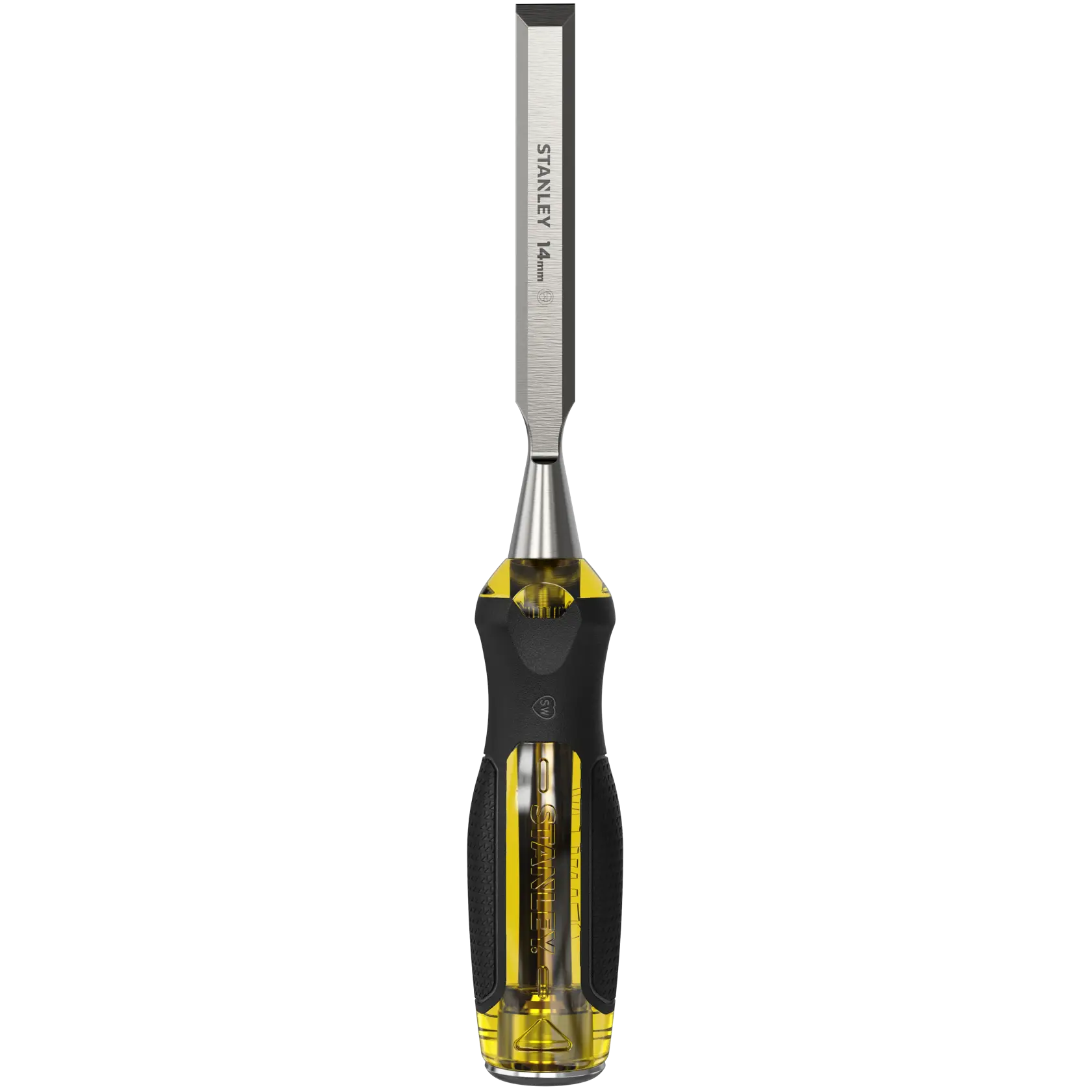 Stanley 14mm Holzmeißel mit schwarz-gelbem Griff, ideal für präzises Holzarbeiten.