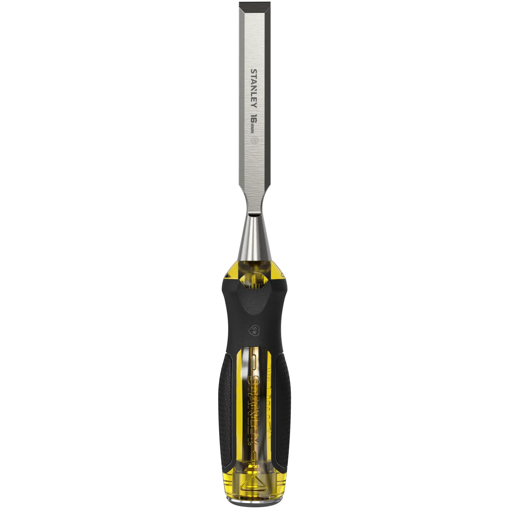Stanley Meißel mit schwarz-gelbem Griff und 16mm Stahlklinge, ideal für Holzarbeiten.