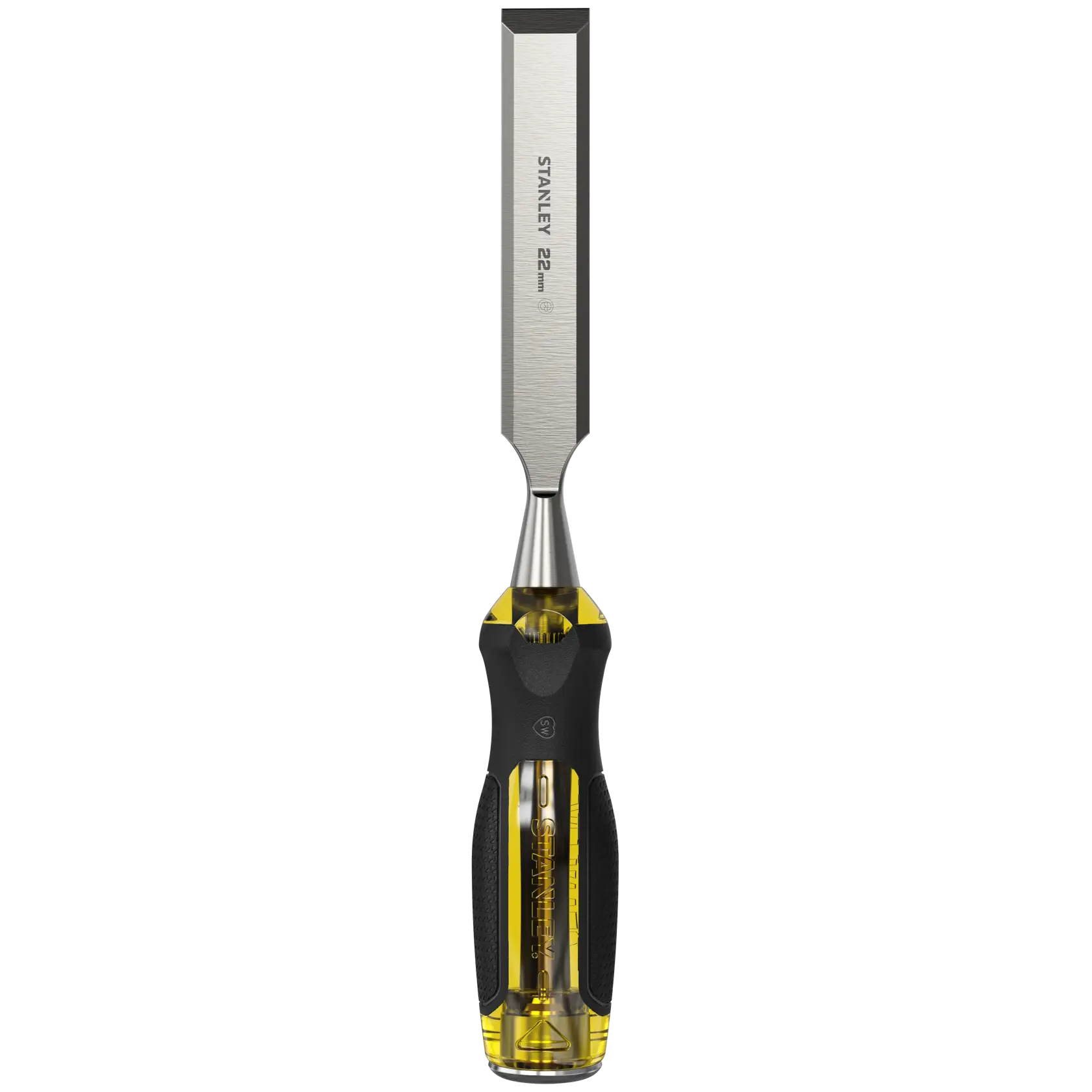 Stanley 22 mm Stechbeitel mit gelb-schwarzem Griff für Holzarbeiten und präzises Schnitzen.