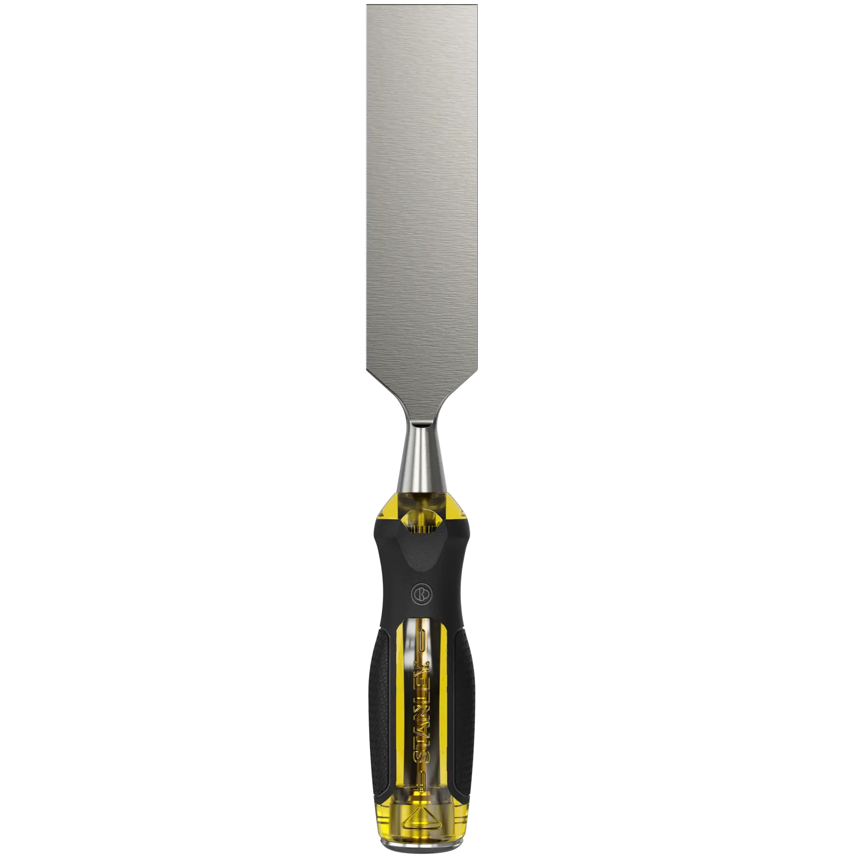 STANLEY 0-16-265 Holzmeißel mit gelbem und schwarzem ergonomischem Griff, Vorderansicht auf weißem Hintergrund.