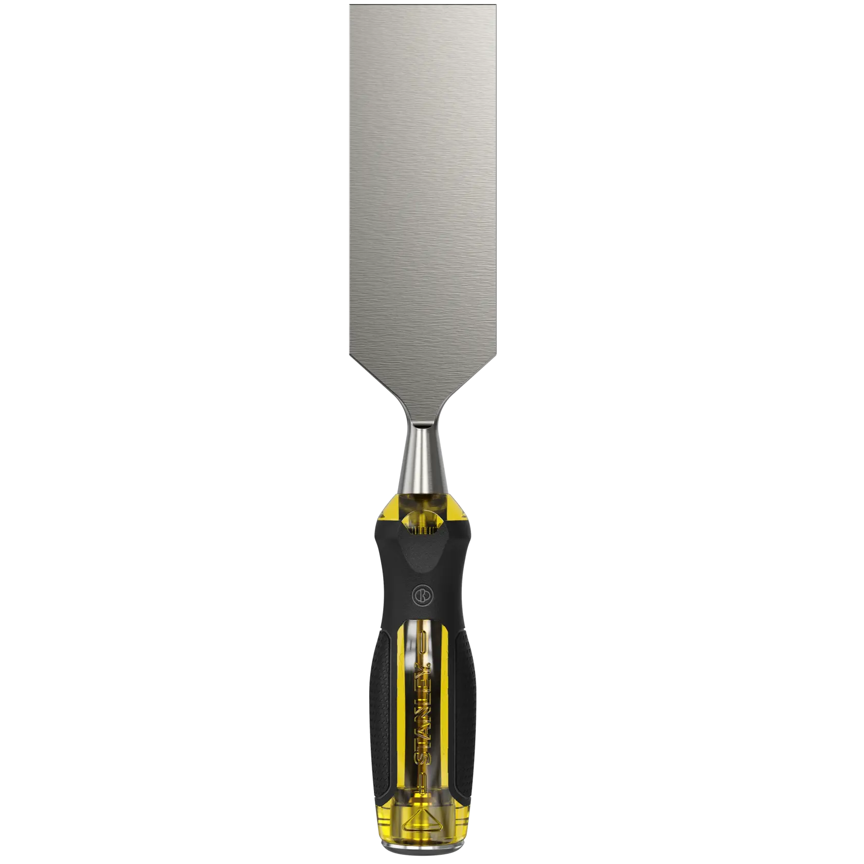 STANLEY 0-16-267 Stechbeitel mit breitem Stahlblatt und ergonomischem schwarz-gelbem Griff, Vorderansicht auf weißem Hintergrund.