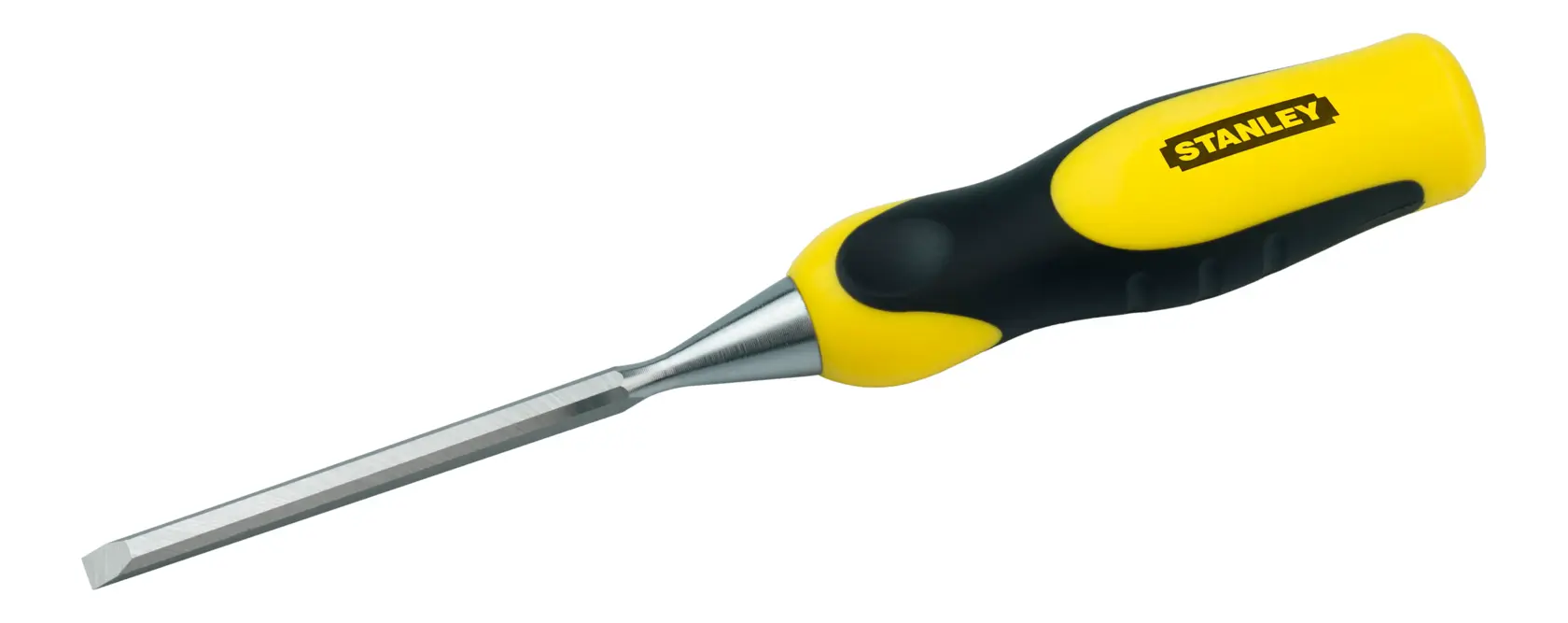 Ein Stanley-Holzmeißel mit einem ergonomischen gelb-schwarzen Griff und einer scharfen Metallklinge, auf einem weißen