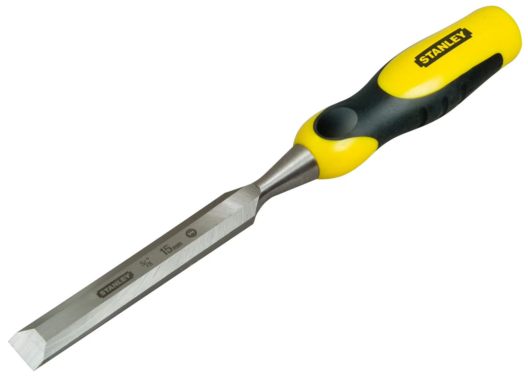 Stanley Stechbeitel mit gelb-schwarzem Griff und 15-mm-Stahlklinge für Holzarbeiten.