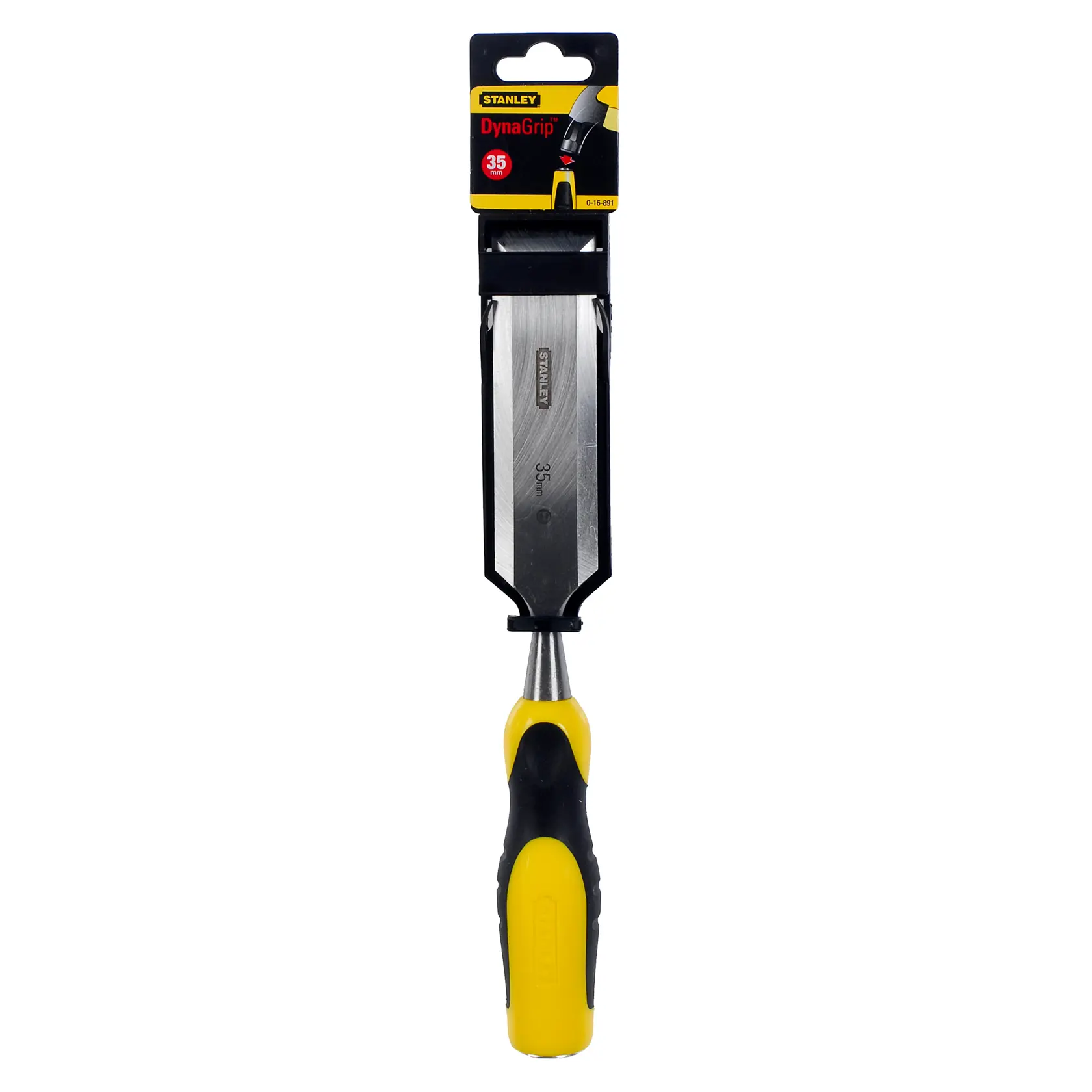STANLEY 0-16-891 chisel with yellow and black DynaGrip handle, straight-on view on white background.