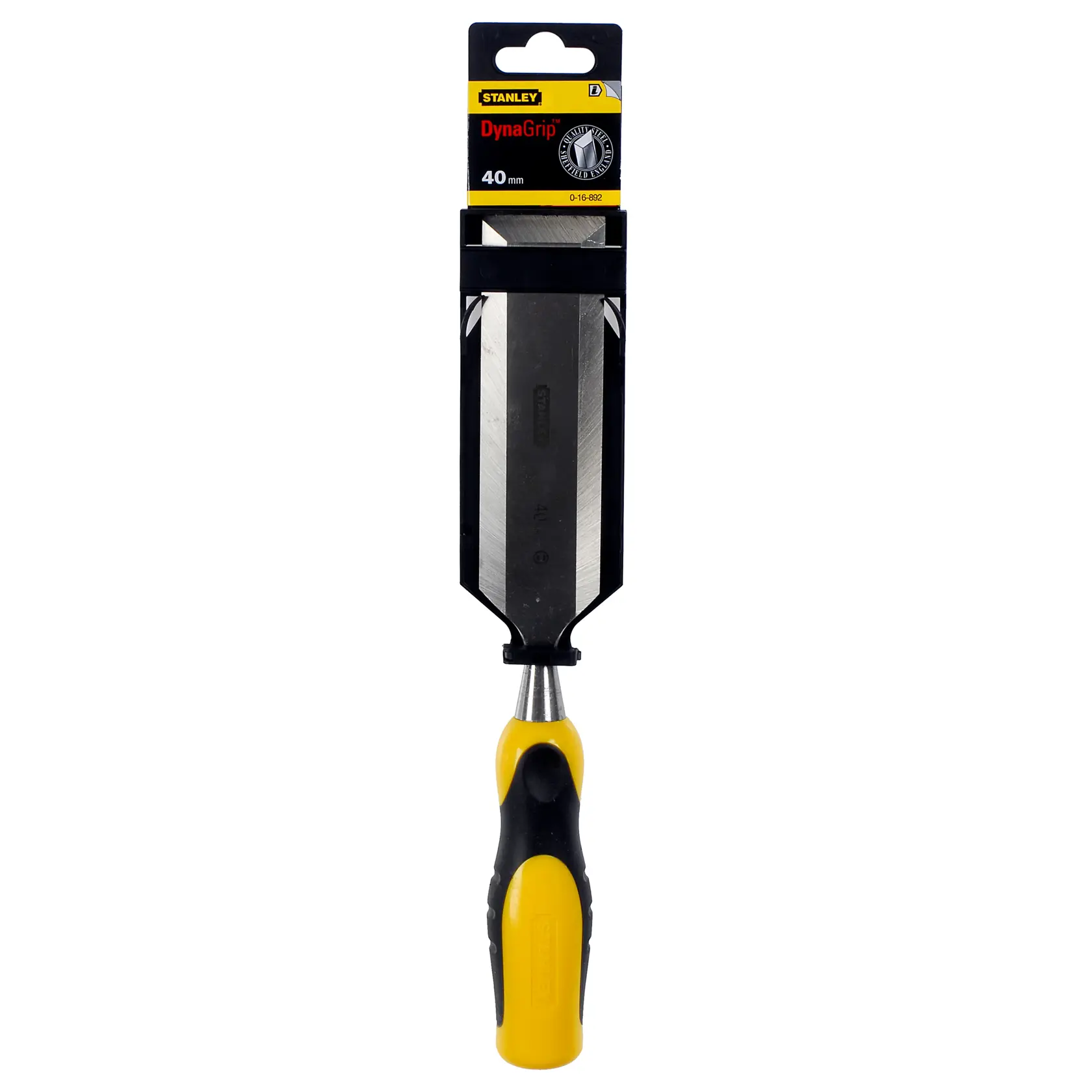 STANLEY 0-16-892 wood chisel with DynaGrip handle, 40mm blade, front view on white background.