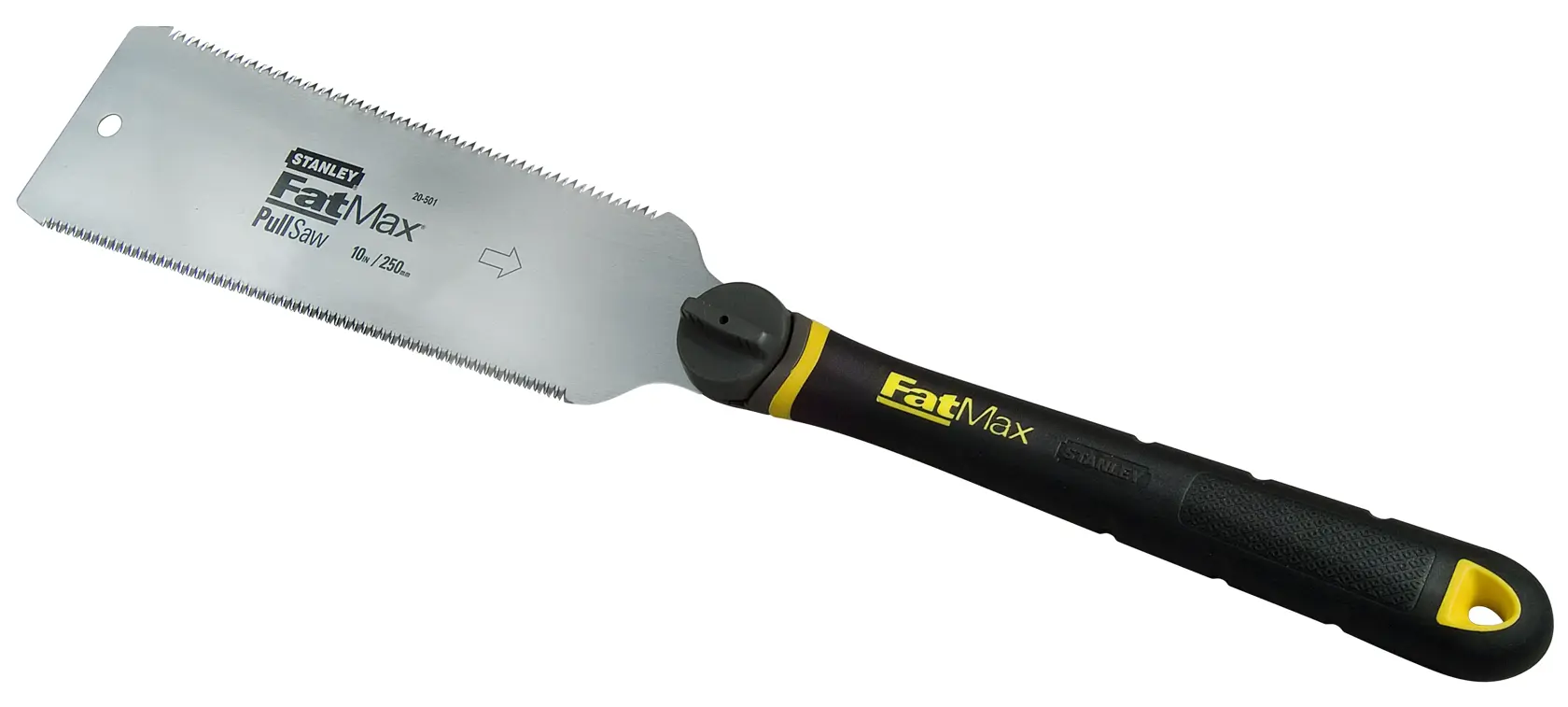 STANLEY 0-20-501 Handsäge mit Zugfunktion, schwarzem und gelbem Griff, Seitenansicht auf weißem Hintergrund.
