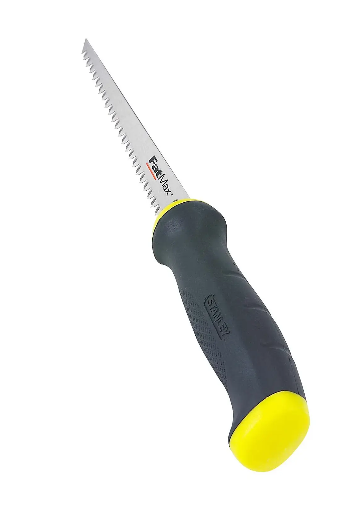 Stanley Klappsäge mit ergonomischem schwarz-gelbem Griff und gezackter Klinge auf weißem Hintergrund.