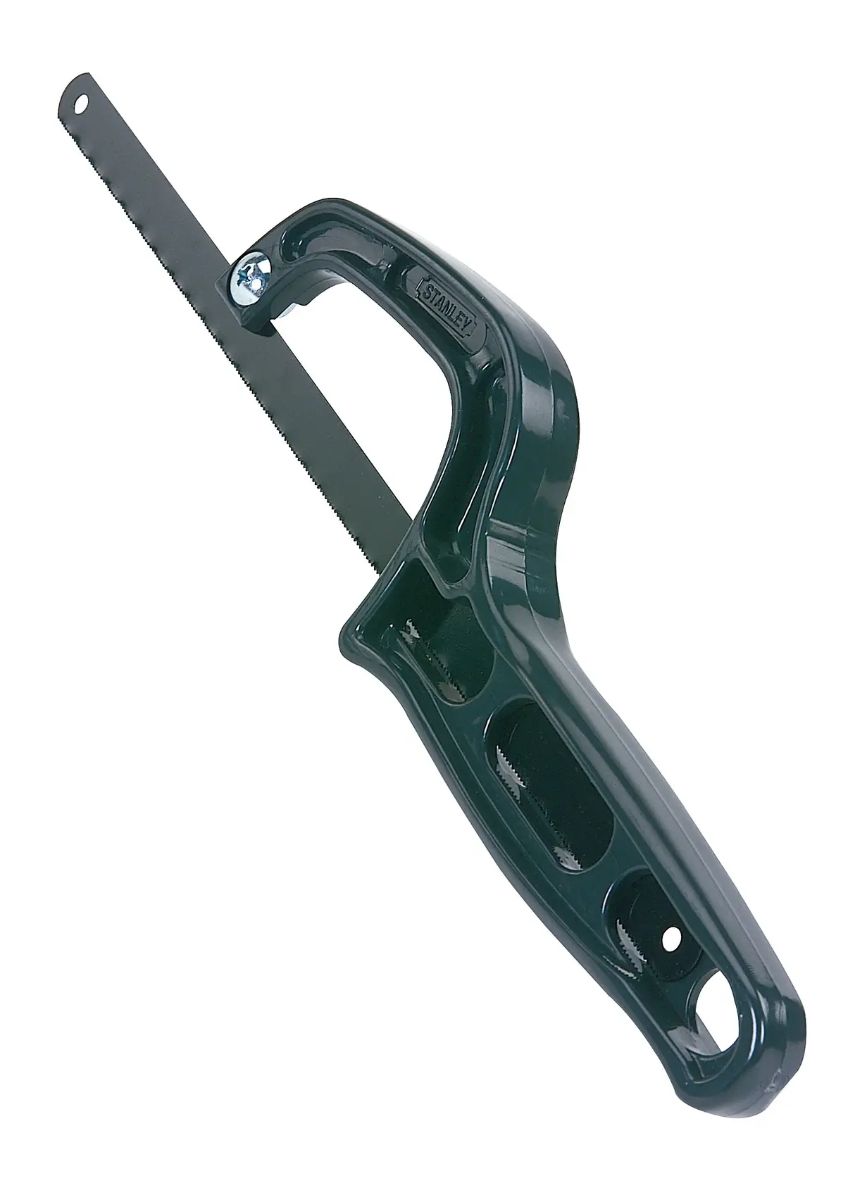 STANLEY 0-20-807 Mini-Bügelsäge mit schwarzem Rahmen und ergonomischem Griff, Seitenansicht, weißer Hintergrund.