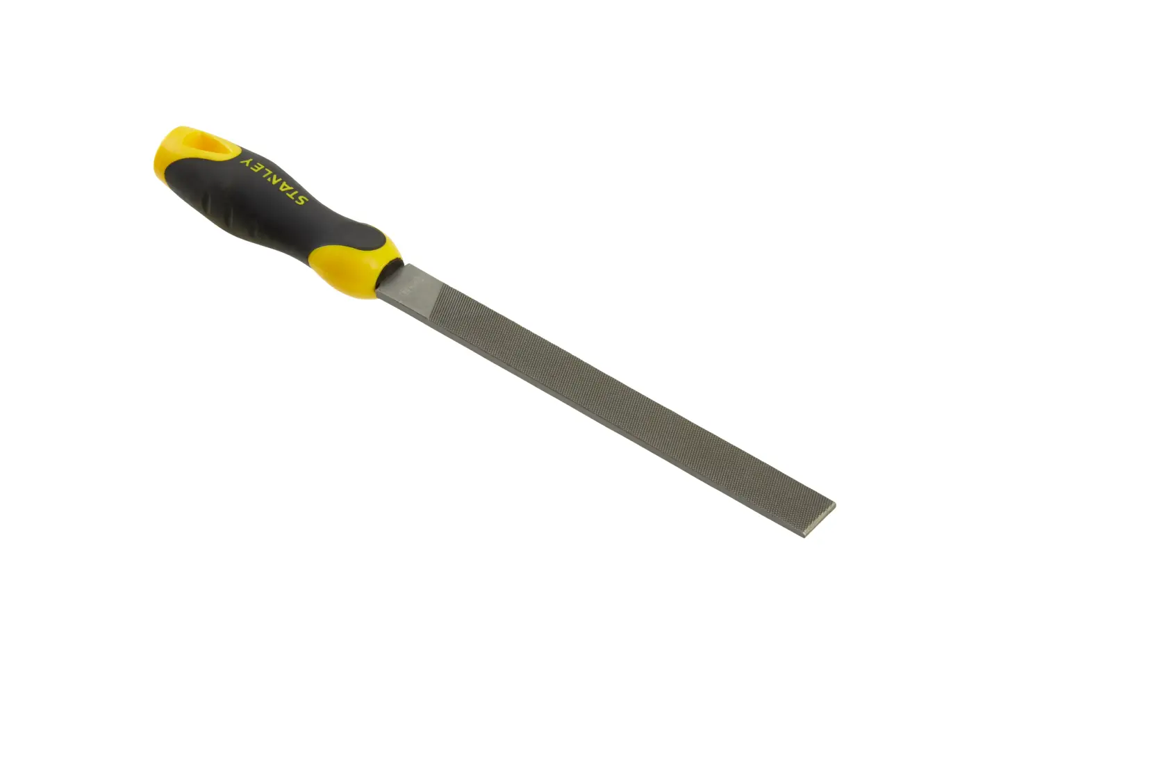 Stanley-Handfeile mit schwarz-gelbem Griff, zum Glätten und Formen von Materialien in Werkstätten.