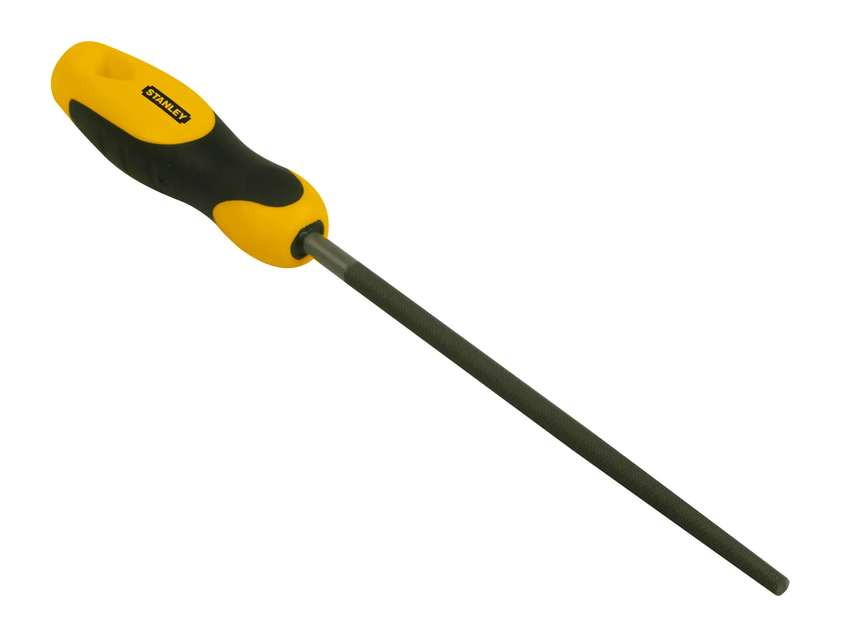 Stanley Rundfeile mit gelb-schwarzem Griff, Werkzeug zum Formen oder Glätten von Metall.