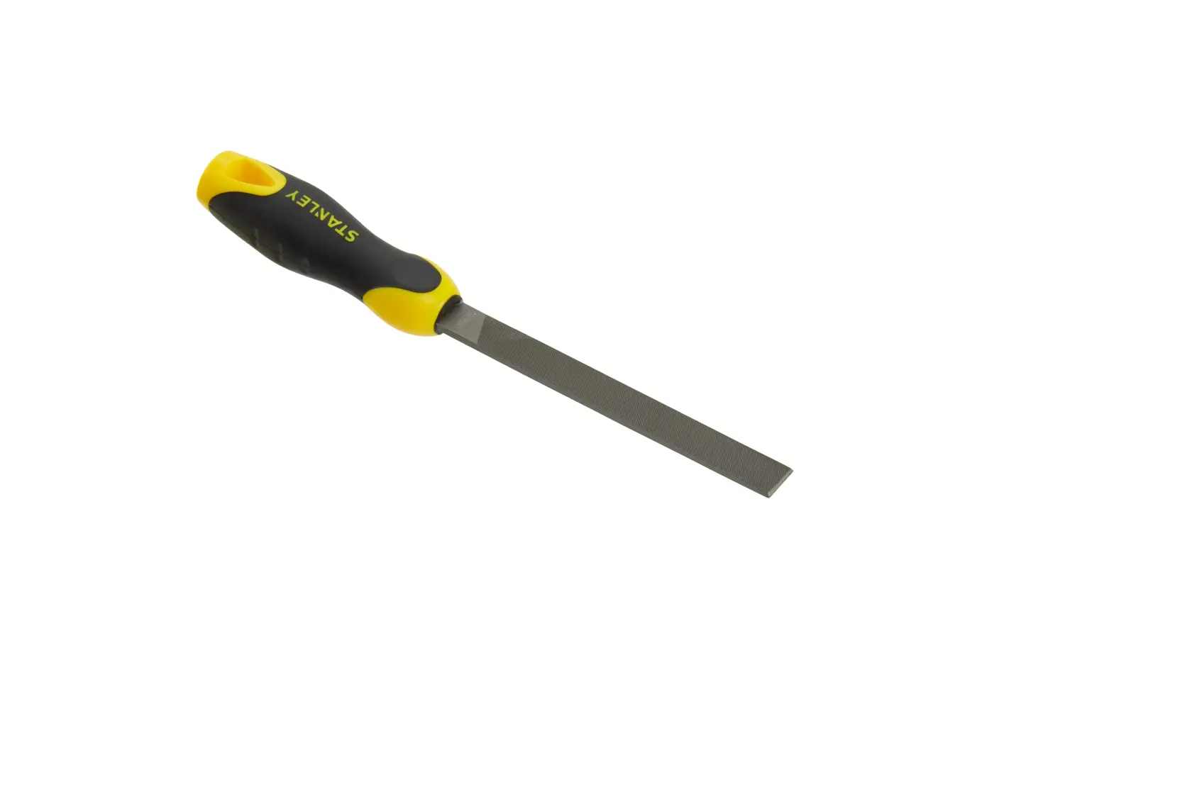 STANLEY 0-22-450 Flachmetallfeile mit gelb-schwarzem Griff, Produktfoto vor weißem Hintergrund.