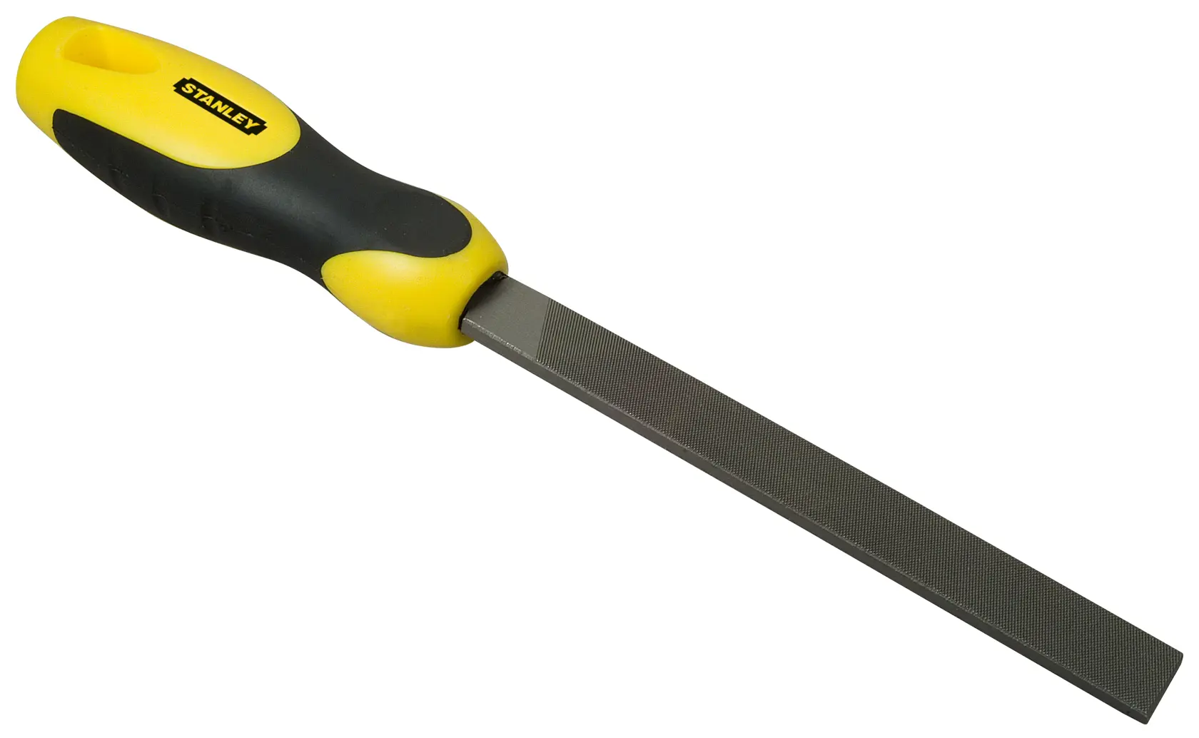 STANLEY 0-22-451 Handfeile mit gelb-schwarzem ergonomischem Griff, Seitenansicht auf weißem Hintergrund.