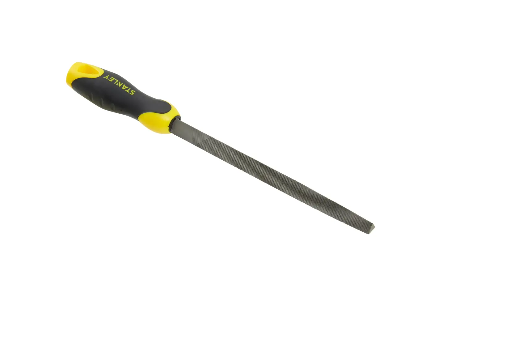 STANLEY 0-22-460 Handfeile mit gelb-schwarzem Griff, Seitenansicht auf weißem Hintergrund.