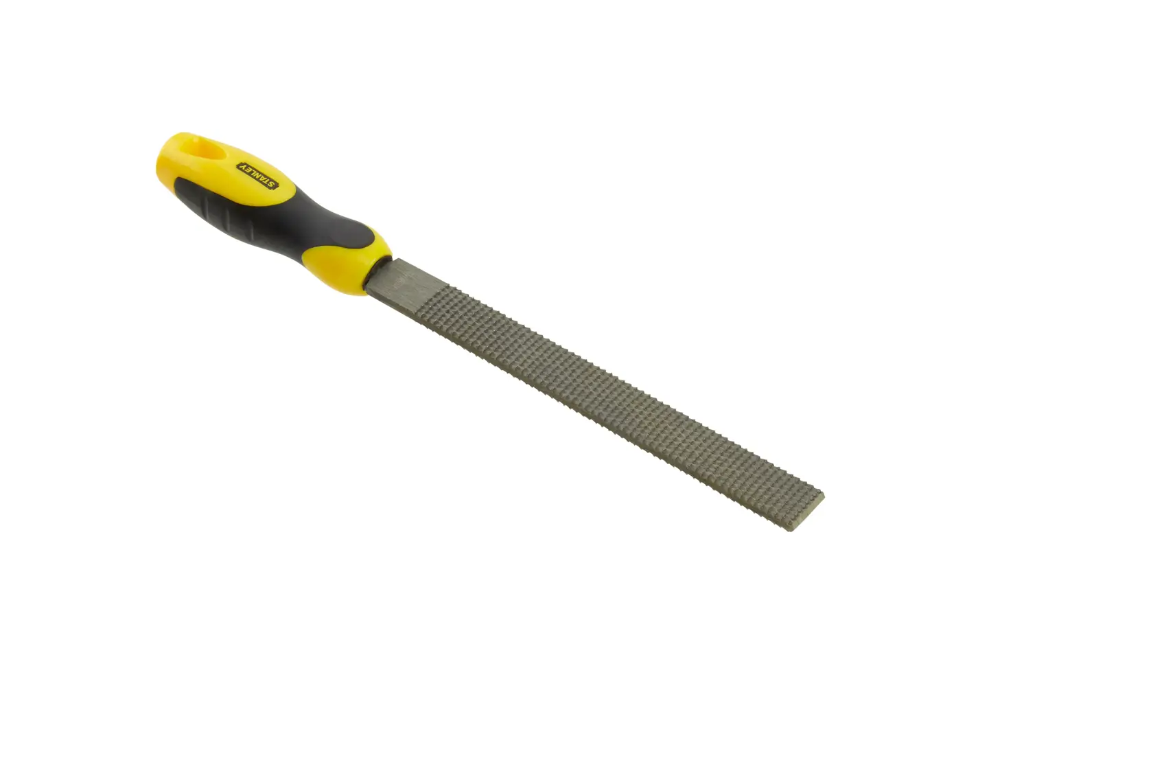 Stanley-Handfeile mit gelb-schwarzem Griff zum Glätten und Formen von Materialien.