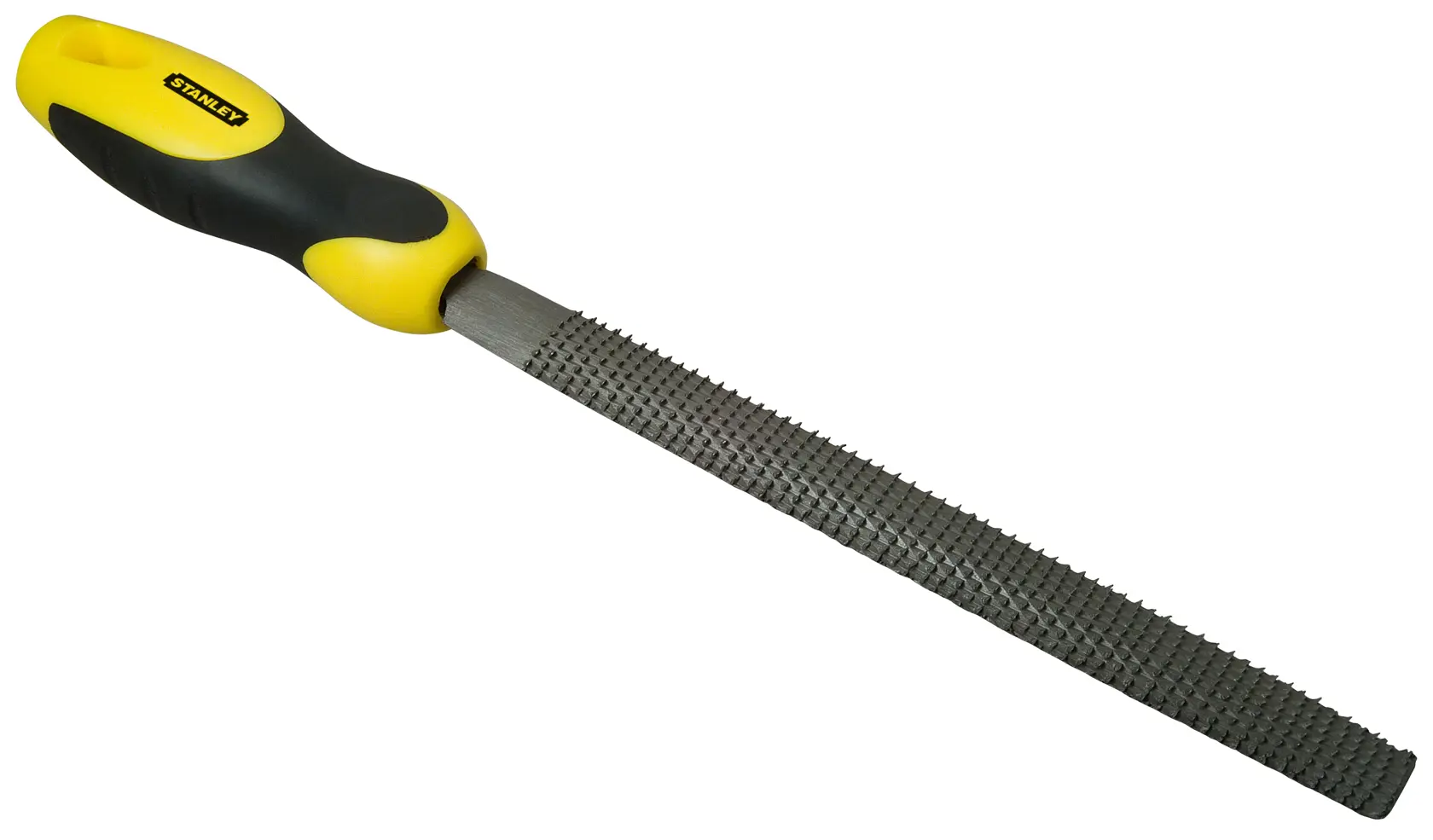 Foto der STANLEY 0-22-469 Handraspel mit ergonomischem gelb-schwarzem Griff, Seitenansicht auf weißem Hintergrund.