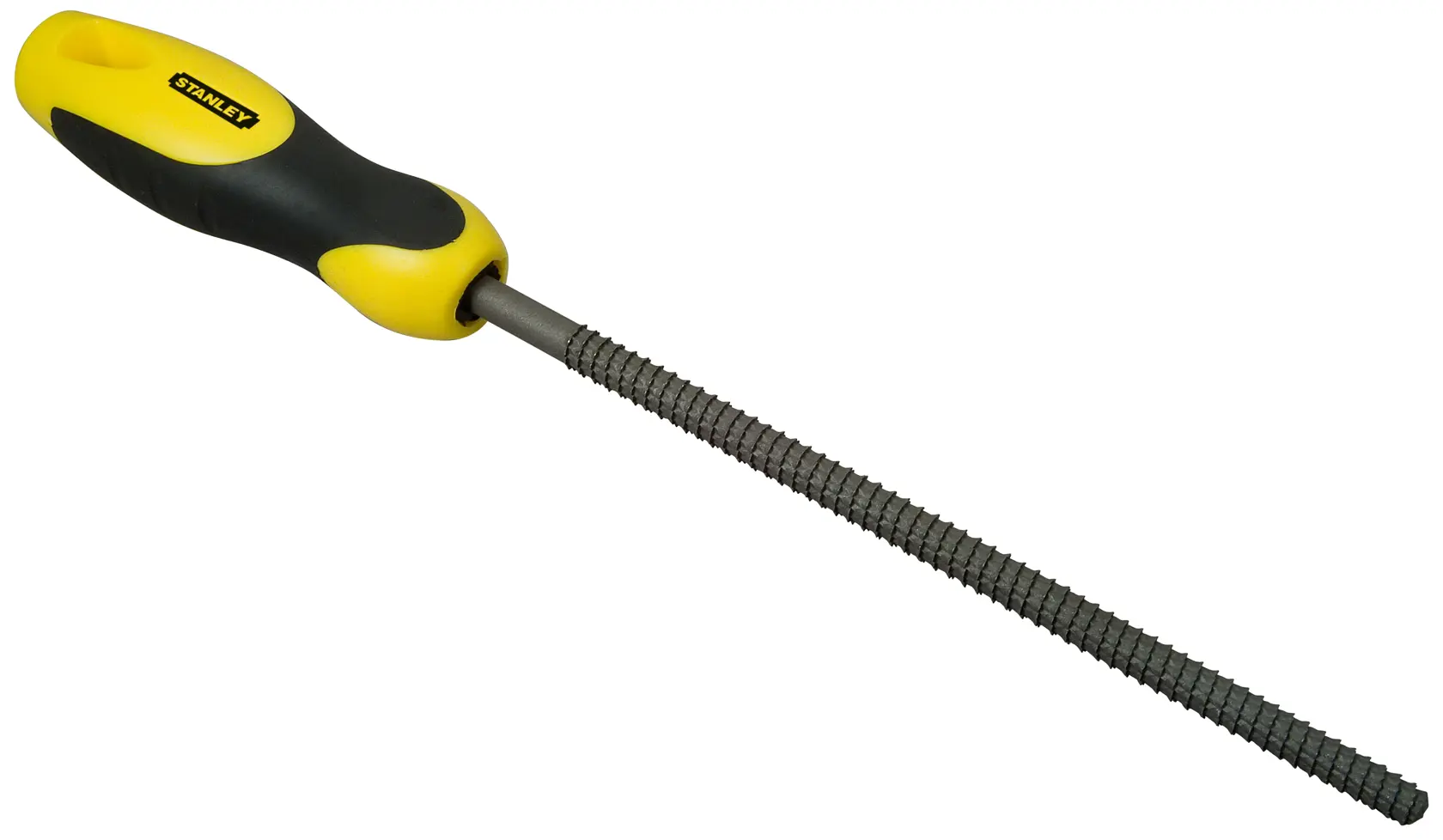 Stanley Feile mit ergonomischem gelb-schwarzem Griff und langer runder Metallfläche.