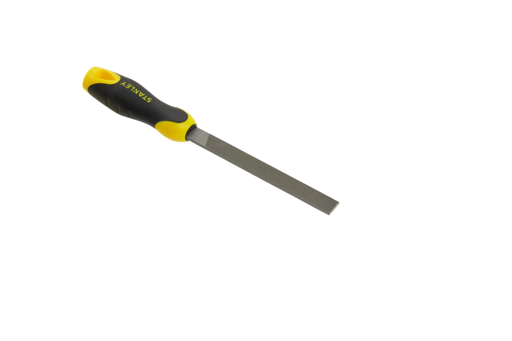 Stanley Handfeile mit gelbem und schwarzem Griff zum Bearbeiten von Metall- oder Holzflächen.