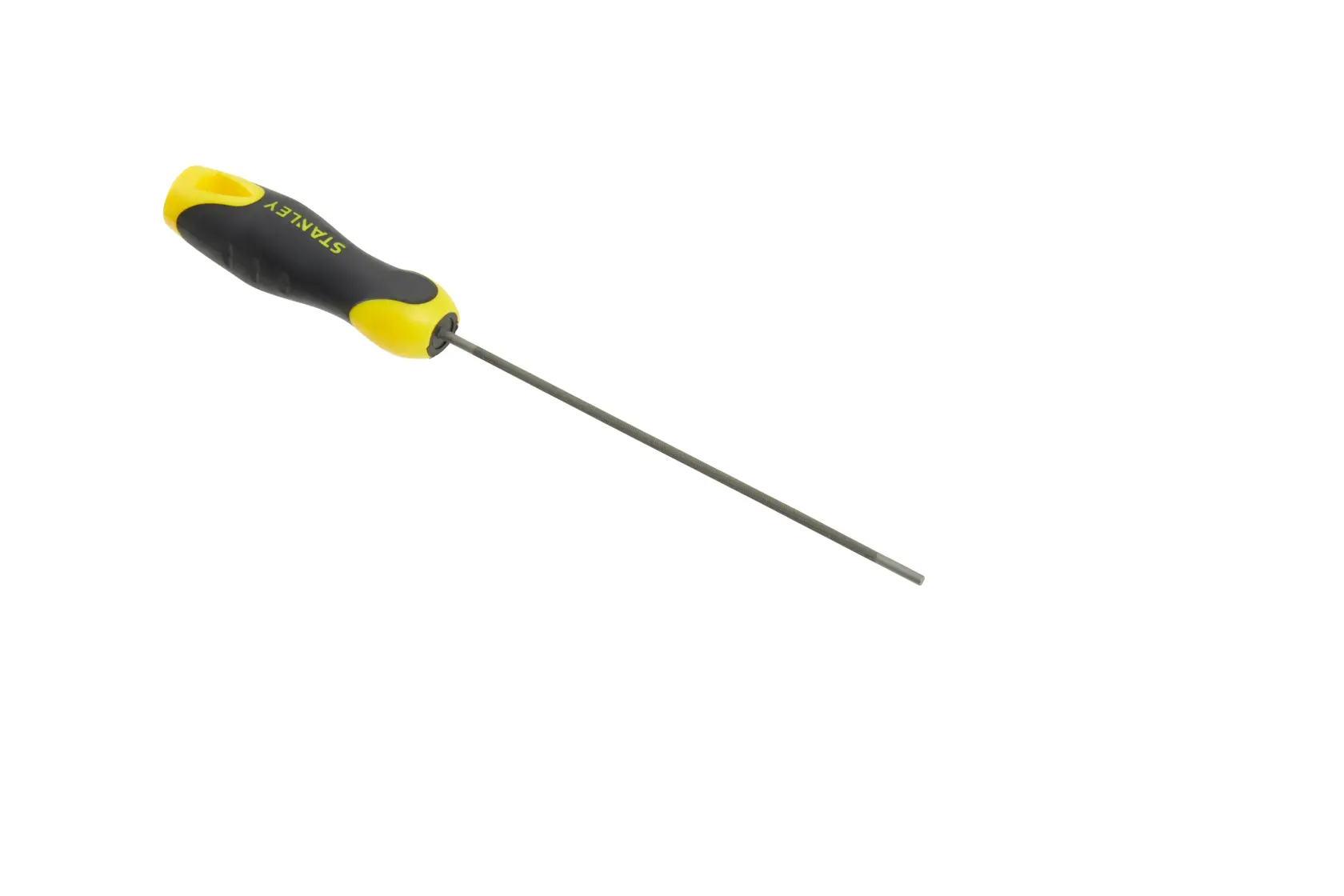 Stanley-Handwerkzeug mit gelb-schwarzem Griff und langem Metallschaft vor weißem Hintergrund.