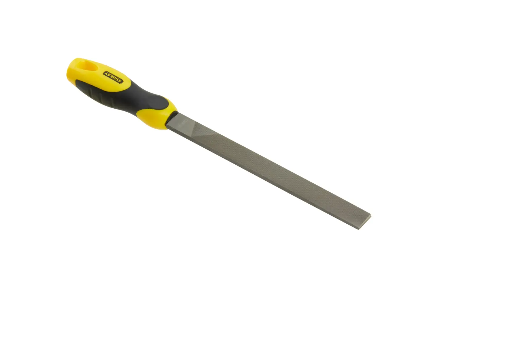 STANLEY 0-22-499 Handfeile mit gelb-schwarzem ergonomischem Griff, Produktfoto vor weißem Hintergrund.