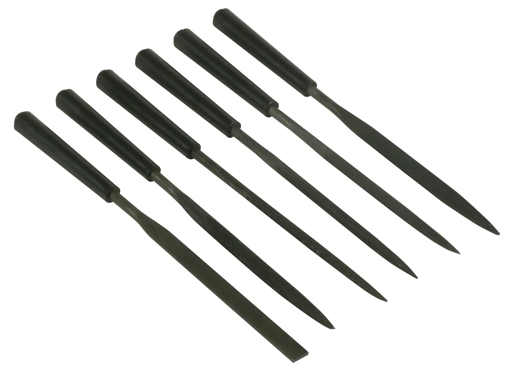 Satz von sechs Metallnadelfeilen mit schwarzen Griffen, in einer Reihe für Präzisionsarbeiten angeordnet.