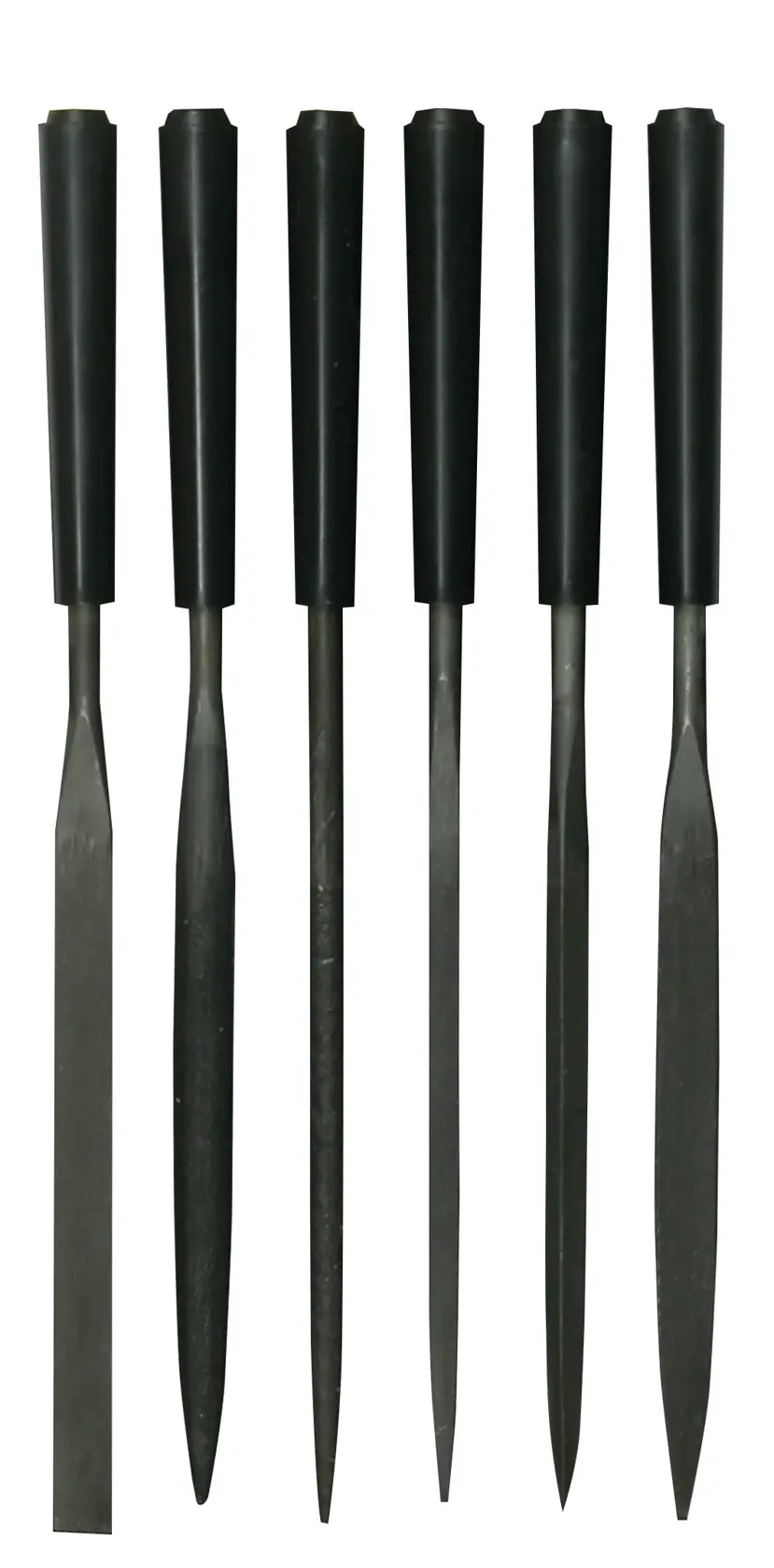 STANLEY 0-22-500 Set mit sechs Metallfeilen mit schwarzen Griffen, Vorderansicht auf weißem Hintergrund.