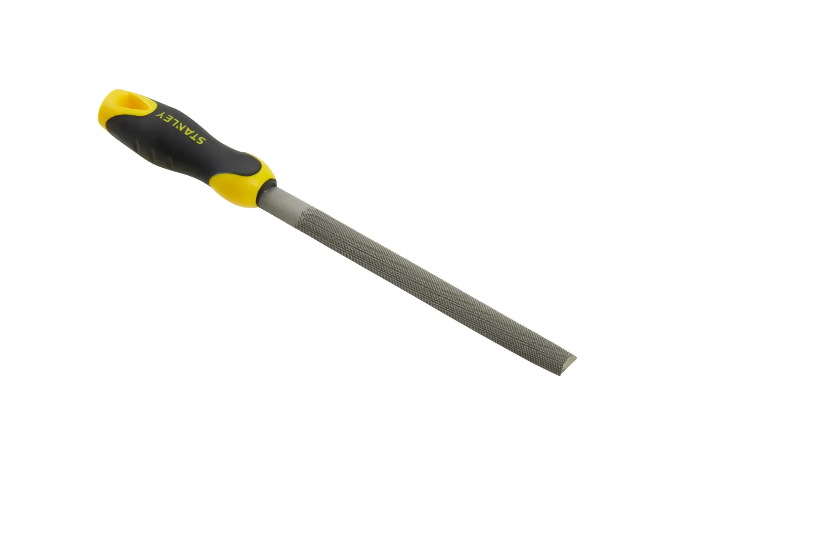 Stanley Rundfeile mit ergonomischem schwarz-gelbem Griff auf weißem Hintergrund.